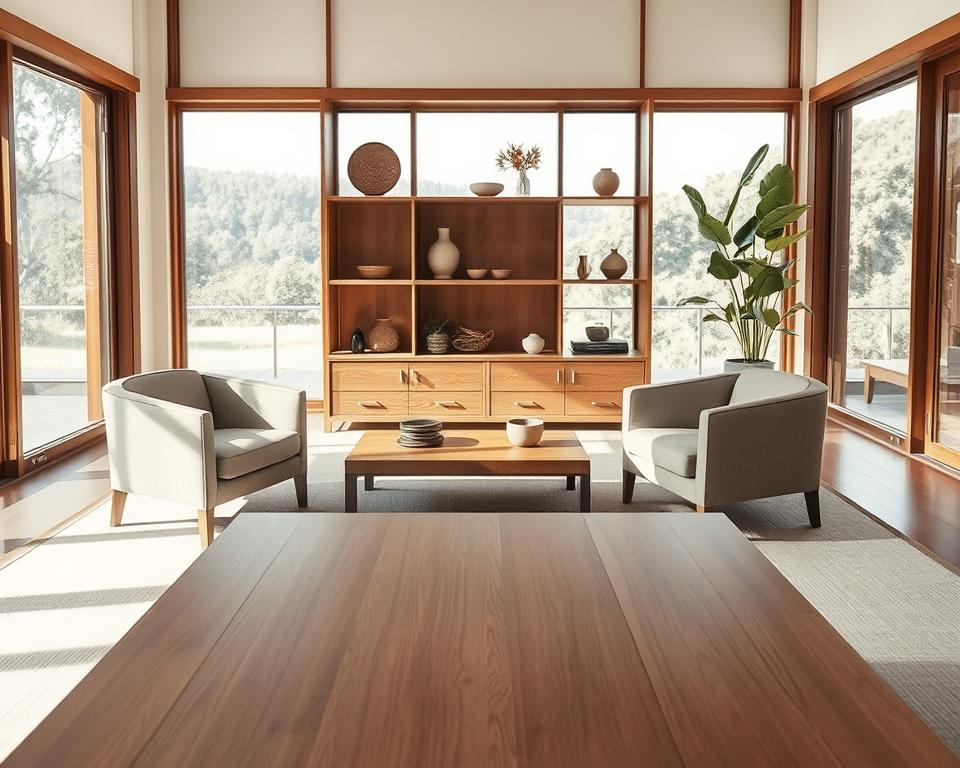 Mobiliário Japandi e acessórios de decoração no design de interiores minimalista