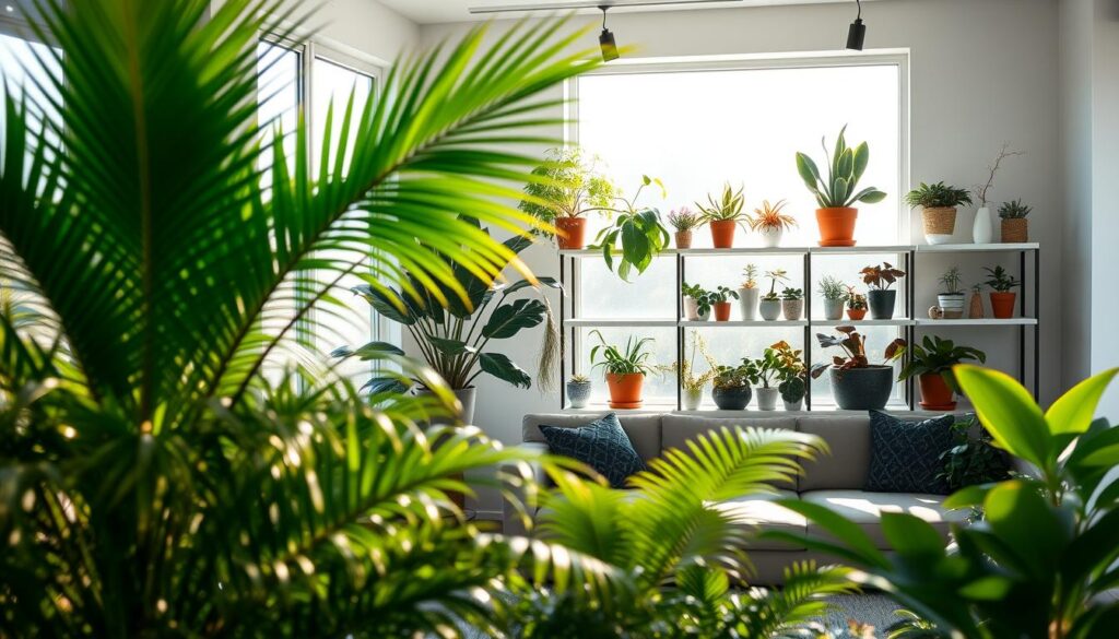 A beautifully lit living room showcases a diverse array of thriving house plants. In the foreground, lush potted palms and ferns create a verdant oasis, their vibrant leaves gently swaying. The midground features a variety of succulents and flowering plants arranged on sleek, minimalist shelves, their colors and textures complementing the room's neutral palette. In the background, large windows allow natural light to stream in, illuminating the plants and casting warm, soft shadows across the space. The overall scene evokes a sense of calm, bringing the outdoors in and creating a harmonious, nature-inspired ambiance perfect for a cozy living or dining area.
