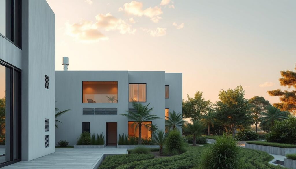 A contemporary architectural rendering depicting various strategies for natural ventilation in high-end design. The foreground showcases a minimalist building with strategically placed windows, vents, and airflow pathways, allowing a seamless integration of passive cooling techniques. The middle ground features lush greenery and landscaping elements that complement the building's sustainable approach. The background softly illuminates the scene with warm, natural lighting, creating a calming and inviting atmosphere. The overall composition highlights the harmonious marriage of architectural design and energy-efficient ventilation solutions, embodying the principles of sustainability and environmental consciousness.