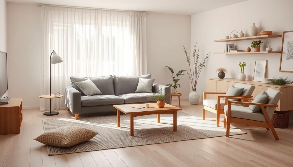 A cozy Scandinavian living room with clean lines and a minimalist aesthetic. Soft natural light filters through sheer curtains, casting a warm glow across the pale wood floors and simple, streamlined furniture. A plush gray sofa with clean, angular lines sits atop a textured neutral rug, accompanied by a low wooden coffee table and a pair of pale wooden armchairs. Shelves along the walls display carefully curated Scandinavian decor - ceramics, plants, and understated artwork. The overall atmosphere is one of tranquility, simplicity, and hygge. A cozy Scandinavian living room with clean lines and a minimalist aesthetic. Soft natural light filters through sheer curtains, casting a warm glow across the pale wood floors and simple, streamlined furniture. A plush gray sofa with clean, angular lines sits atop a textured neutral rug, accompanied by a low wooden coffee table and a pair of pale wooden armchairs. Shelves along the walls display carefully curated Scandinavian decor - ceramics, plants, and understated artwork. The overall atmosphere is one of tranquility, simplicity, and hygge.