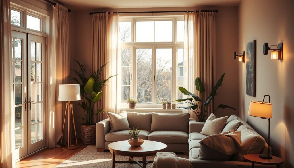 A cozy and harmonious living room with a balanced blend of natural and artificial lighting. Soft, warm daylight streams in through large windows, casting gentle shadows and illuminating a tastefully furnished space. Strategically placed lamps and sconces provide a complementary layer of ambient glow, creating a tranquil and inviting atmosphere. Textures of wood, fabric, and plants add visual depth, while clean lines and a neutral color palette maintain a sense of balance. The lighting seamlessly integrates with the room's design, fostering a serene and well-lit haven for relaxation and contemplation.