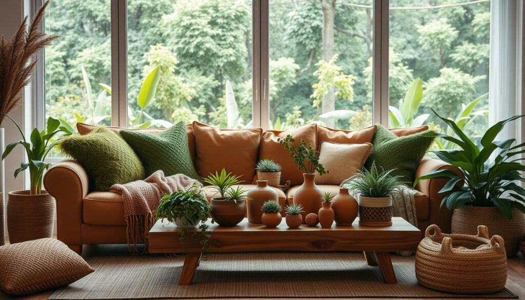 A cozy and inviting interior space showcasing natural materials in a biophilic design. The foreground features a plush, earthy-toned sofa adorned with lush, verdant throw pillows and a knit blanket. In the middle ground, a low wooden coffee table is topped with a variety of potted plants, terracotta vases, and natural fiber baskets. The background depicts a large window overlooking a lush, green outdoor scene, allowing natural light to flood the room. The overall atmosphere is one of tranquility and harmony, evoking a strong connection to the natural world. A cozy and inviting interior space showcasing natural materials in a biophilic design. The foreground features a plush, earthy-toned sofa adorned with lush, verdant throw pillows and a knit blanket. In the middle ground, a low wooden coffee table is topped with a variety of potted plants, terracotta vases, and natural fiber baskets. The background depicts a large window overlooking a lush, green outdoor scene, allowing natural light to flood the room. The overall atmosphere is one of tranquility and harmony, evoking a strong connection to the natural world.