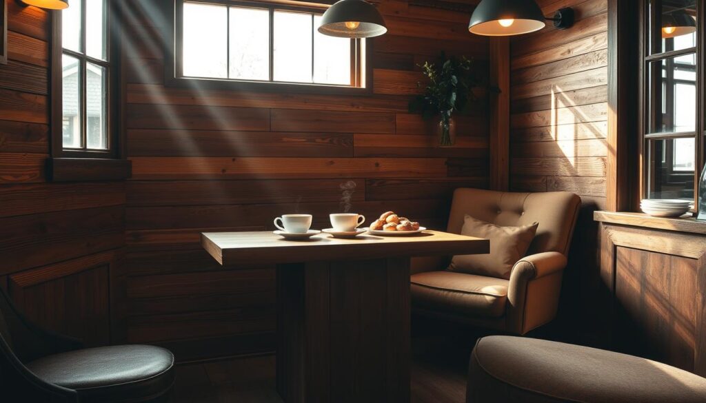 A cozy corner in a rustic café, the walls adorned with a warm wooden paneling, reclaimed from old structures. A sturdy wooden table stands in the center, its surface smoothed by time, serving as a canvas for a steaming cup of coffee and a simple yet inviting display of pastries. Warm, diffused lighting from overhead fixtures casts a gentle glow, creating an intimate atmosphere. The space is finished with a plush, earth-toned armchair, inviting visitors to pause, sip, and savor the tranquility of this well-curated nook. Sunlight filters through large windows, casting a natural radiance that complements the organic textures and tones throughout.