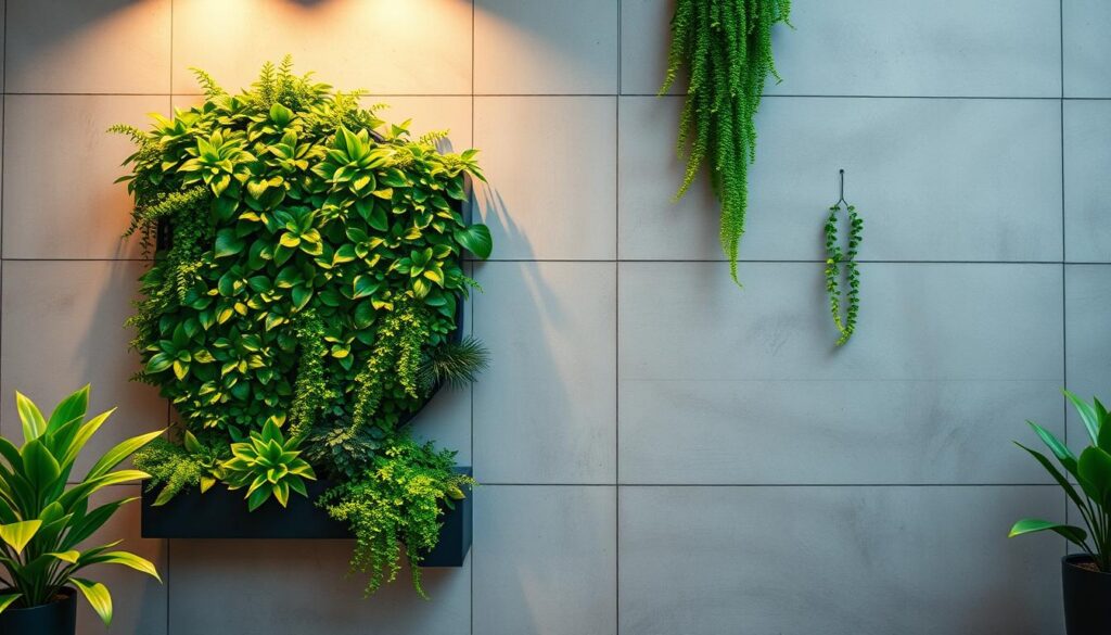 A lush, meticulously designed vertical garden cascades across a modern, minimalist concrete wall. Vibrant, verdant foliage in shades of emerald and jade spills over carefully arranged planters, creating a striking contrast against the sleek, neutral backdrop. Warm, diffused lighting illuminates the scene, casting gentle shadows and highlighting the intricate textures of the plants. The overall composition radiates a serene, harmonious atmosphere, inviting the viewer to imagine themselves immersed in this tranquil, nature-inspired oasis, step-by-step.
