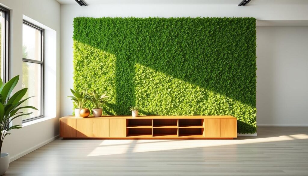 A lush, verdant green wall set in a contemporary, minimalist interior. The wall fills the frame, its rich, vibrant hue contrasting with the clean, neutral tones of the surrounding space. Soft, natural lighting filters in through large windows, casting a warm, serene glow across the scene. The wall's surface has a tactile, organic texture, inviting the viewer to reach out and touch it. A few potted plants sit atop a sleek, wooden shelving unit, adding pops of greenery that complement the dominant wall. The overall atmosphere is one of tranquility, balance, and a harmonious integration of nature and modern design.