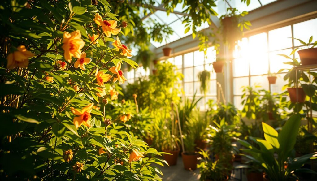 A lush, verdant indoor garden bathed in warm, natural light. In the foreground, vibrant foliage and blooming flowers sway gently, their leaves and petals radiating an intense, almost luminescent glow. The middle ground showcases a variety of thriving potted plants, their stems and leaves reaching towards the light, conveying a sense of photosynthetic productivity. In the background, large windows allow the sun's rays to pour in, creating a soft, diffused illumination that permeates the entire scene. The overall atmosphere is one of tranquility and growth, where the interplay of light and plant life is harmonious and visually captivating.