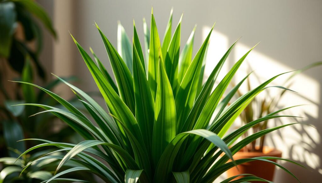 A lush, vibrant Espada-de-São-Jorge plant taking center stage, its long, sword-like leaves unfurling elegantly against a softly blurred background. The lighting is natural and diffused, casting a warm, inviting glow on the foliage. The scene is captured from a slightly elevated angle, emphasizing the plant's graceful form and its air-purifying properties. The overall mood is serene and contemplative, inviting the viewer to appreciate the plant's natural beauty and its remarkable ability to cleanse the surrounding air.