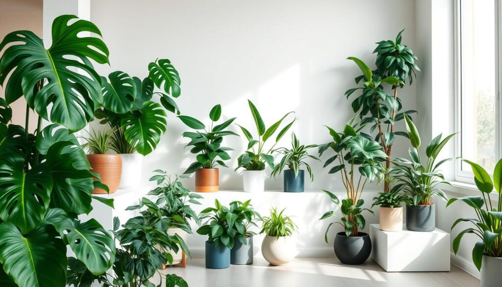 A minimalist indoor garden with various potted plants arranged in a clean, contemporary layout. The foreground features a selection of leafy, low-maintenance houseplants such as monstera deliciosa, ZZ plants, and snake plants, their organic forms providing a natural contrast to the simple, geometric shelving or side tables they rest upon. The middle ground showcases a harmonious mix of green hues and textures, creating a calming, wellness-inspired atmosphere. The background is softly illuminated by natural light filtering through large windows, casting gentle shadows and highlighting the plants' lush foliage. The overall scene exudes a sense of balance, tranquility, and sustainable living.