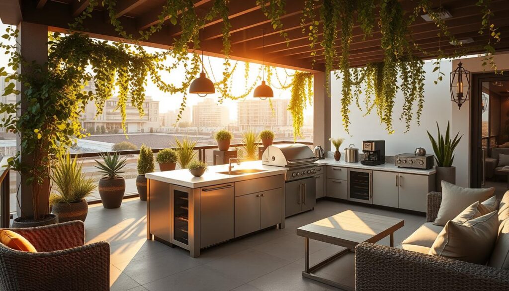 A modern and stylish outdoor gourmet kitchen on a spacious balcony, flooded with warm, golden sunlight. The focal point is a sleek, stainless steel kitchen island with a built-in gas grill and prep area. Lush potted plants and trailing vines adorn the space, creating a serene, nature-inspired ambiance. High-end appliances, including a wine cooler and espresso machine, are neatly integrated into the design. Comfortable outdoor seating, such as wicker armchairs and a plush sofa, invites guests to gather and socialize. The scene is captured from a slightly elevated angle, showcasing the harmonious blend of culinary functionality and sophisticated, contemporary aesthetics.