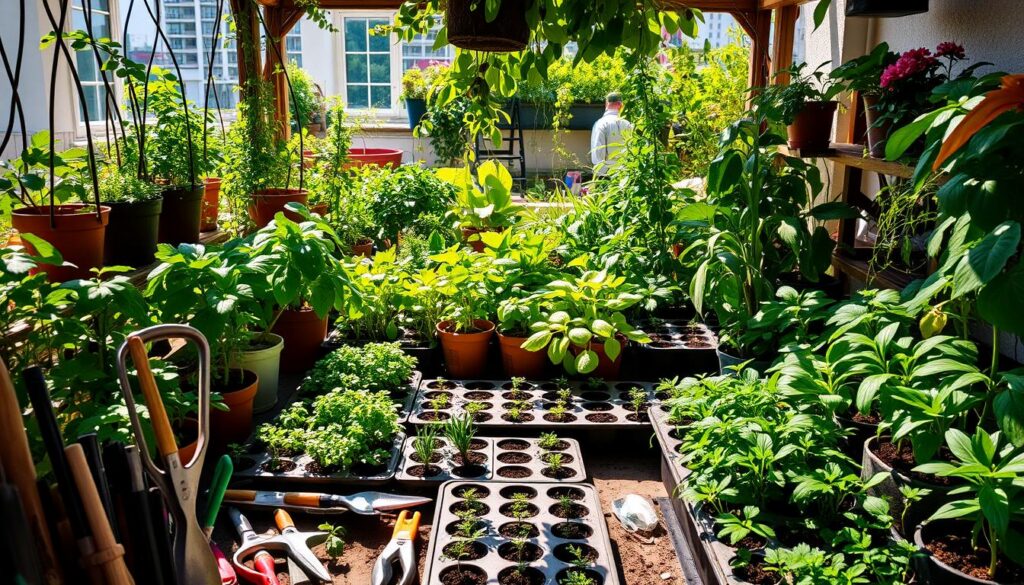 A quaint urban garden filled with an abundance of potted plants and seedling trays, bathed in the warm glow of natural sunlight. In the foreground, a variety of gardening tools and supplies are neatly arranged, ready for use. The middle ground features a mix of lush, verdant foliage in various shades of green, from leafy herbs to vibrant flowering plants. In the background, the scene is framed by the urban landscape, with hints of buildings and greenery peeking through, creating a serene and harmonious blend of nature and city. The overall atmosphere is one of tranquility, creativity, and the boundless possibilities of cultivating a thriving mini forest in even the most limited of spaces. A quaint urban garden filled with an abundance of potted plants and seedling trays, bathed in the warm glow of natural sunlight. In the foreground, a variety of gardening tools and supplies are neatly arranged, ready for use. The middle ground features a mix of lush, verdant foliage in various shades of green, from leafy herbs to vibrant flowering plants. In the background, the scene is framed by the urban landscape, with hints of buildings and greenery peeking through, creating a serene and harmonious blend of nature and city. The overall atmosphere is one of tranquility, creativity, and the boundless possibilities of cultivating a thriving mini forest in even the most limited of spaces.