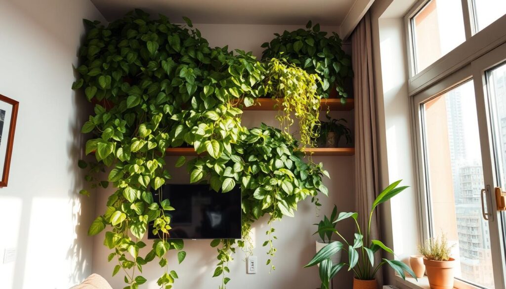 A small apartment interior with a lush, thriving Horta (vertical garden) taking center stage. The Horta occupies a prominent wall space, its verdant foliage cascading gracefully down the shelves and ledges. Warm, diffused lighting from a nearby window bathes the scene, casting a soft, natural glow. The composition emphasizes efficient space utilization, with the Horta seamlessly integrated into the compact living area. The overall atmosphere is one of urban tranquility, where nature and modern living harmoniously coexist.