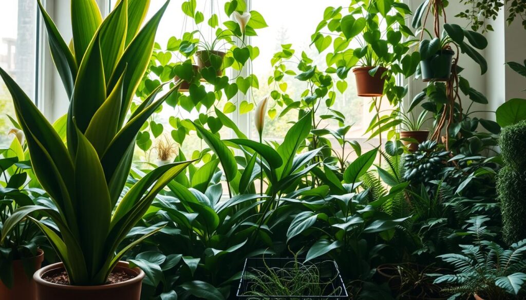 A vibrant and lush indoor garden filled with a variety of thriving houseplants. In the foreground, a potted snake plant stands tall, its long, green leaves reaching towards the soft, natural light streaming in from a large window. Surrounding it, a collection of healthy pothos vines cascade elegantly down from hanging planters, their heart-shaped leaves creating a verdant, purifying canopy. In the middle ground, a tall, leafy peace lily commands attention, its graceful white blooms complementing the verdant foliage. The background features a mix of ferns, succulents, and other air-purifying plants arranged harmoniously, creating a soothing, rejuvenating atmosphere. The lighting is warm and diffused, casting a gentle glow over the scene. This image evokes a sense of tranquility and wellness, reflecting the importance of caring for plants that can enhance indoor air quality and overall well-being.