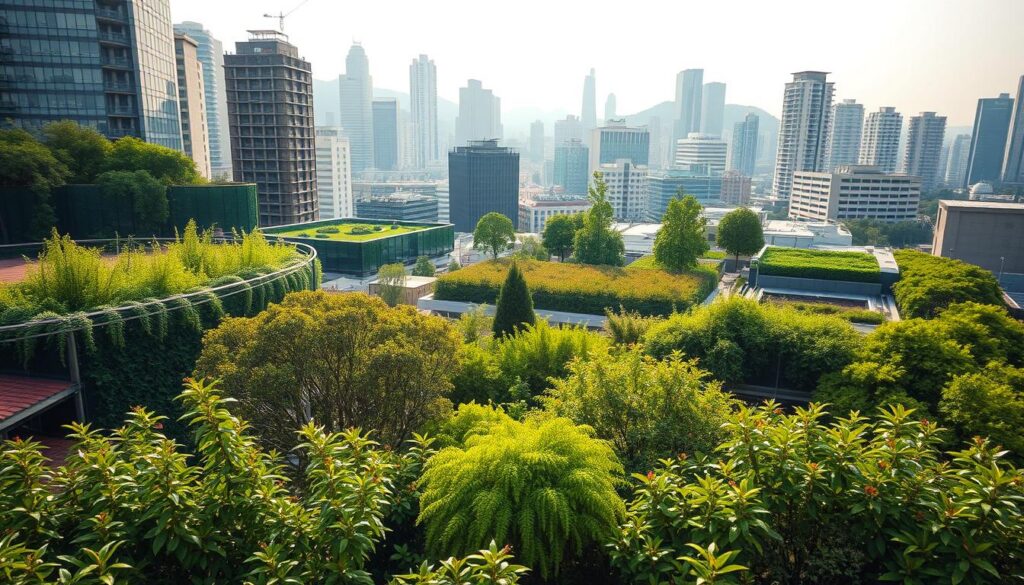 A vibrant cityscape teeming with lush, resilient vegetation that thrives amidst the urban landscape. In the foreground, a diverse array of native plants and trees filter the air, their verdant foliage creating a soothing, natural canopy. The middle ground showcases strategically placed green walls and rooftop gardens, seamlessly blending the built environment with the natural world. In the background, modern high-rises and infrastructure are softened by the verdant tapestry, a testament to the power of urban greenery in combating pollution and mitigating the effects of urban heat islands. The scene is bathed in warm, diffused lighting, evoking a sense of harmony and balance between the man-made and the natural.