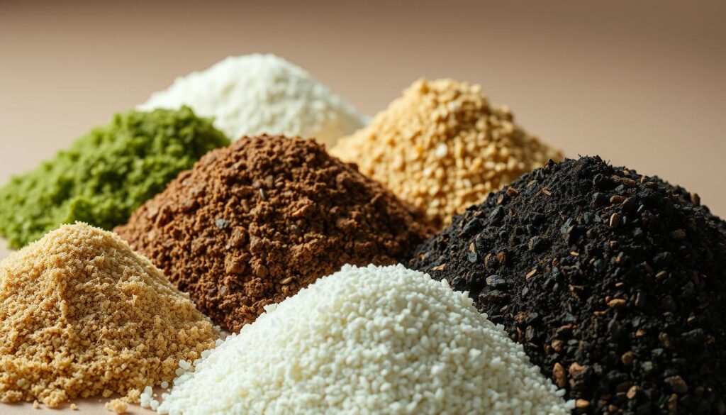 A well-lit, close-up view of a variety of indoor plant substrates, including peat moss, vermiculite, perlite, and compost. The substrates are arranged in neat piles, showcasing their different textures and colors. The image has a balanced composition, with the substrates taking up the majority of the frame and a clean, neutral background that allows the materials to stand out. The lighting is soft and diffused, creating a warm and inviting atmosphere that highlights the natural qualities of the substrates. The overall impression is one of care, attention to detail, and a deep understanding of the essential role that substrates play in the health and growth of indoor plants.