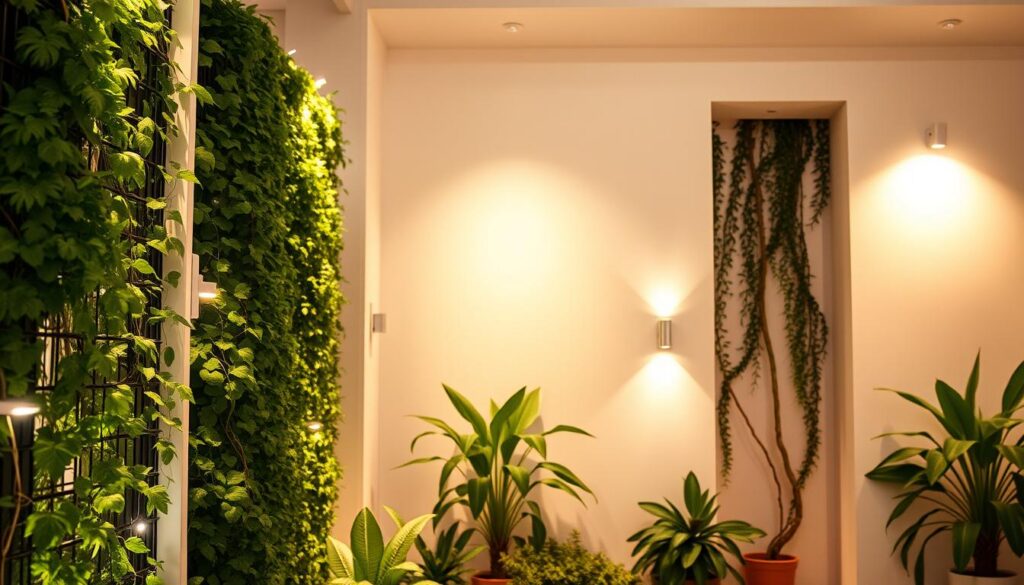 An elegant indoor vertical garden bathed in warm, ambient lighting. The foreground features a variety of lush, verdant plants cascading down a sleek, modern trellis system. Soft, diffused lighting emanates from discreet fixtures nestled among the foliage, casting a gentle, natural glow. The middle ground showcases a mix of potted plants and trailing vines, their shadows dancing across the minimalist, white-washed walls. In the background, additional lighting fixtures are subtly integrated into the architecture, creating a cohesive, harmonious atmosphere. The overall scene conveys a sense of tranquility and natural harmony, perfectly suited for an indoor vertical garden oasis.