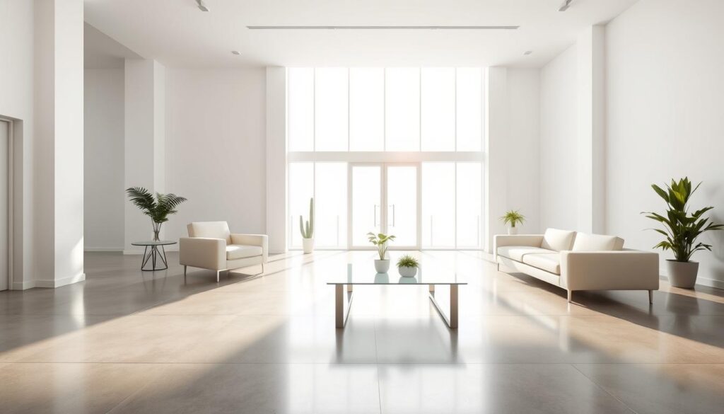 Bright and airy interior space with ample natural lighting filtering through large windows. Crisp white walls and ceilings reflecting the warm glow, creating a sense of luminosity. Smooth, glossy surfaces like a polished concrete floor and sleek glass coffee table accentuate the play of light. Scattered throughout, a few light-colored furniture pieces - an armchair, side table, and potted plants - add subtle pops of color. The overall atmosphere is serene, uplifting, and designed to maximize natural illumination.