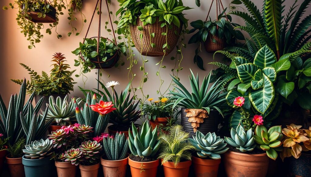 Composition of plants with different textures and colors: a lush, vibrant arrangement of potted succulents, cacti, ferns, and flowering houseplants in the foreground, with trailing vines cascading from hanging baskets in the middle ground. Warm, soft lighting creates an inviting, earthy ambiance, while a neutral background allows the diverse foliage to take center stage. The varied shapes, sizes, and hues of the plants create a dynamic, visually compelling display, showcasing the potential for impactful indoor greenery arrangements.