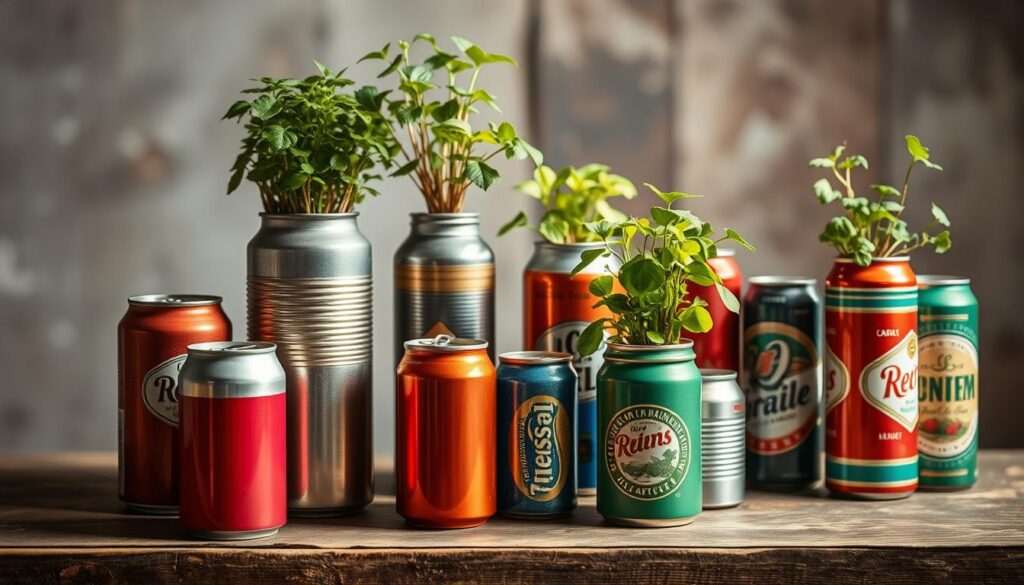 Detailed still life scene featuring an assortment of upcycled tin cans and aluminum beverage containers transformed into stylish and eco-friendly decorative vases. The containers are arranged in the foreground on a rustic wooden surface, showcasing their vibrant colors, varied shapes, and creative repurposing. The middle ground features lush, verdant potted plants spilling out from the vases, adding a natural, organic touch. The background is softly blurred, allowing the handcrafted vases to take center stage. Warm, diffused lighting casts gentle shadows, highlighting the textural details and the sustainable, one-of-a-kind nature of the scene. An inviting, artisanal atmosphere that inspires creativity and environmental consciousness.