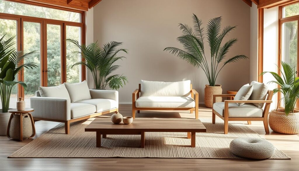 Minimal Japandi furniture in a serene, natural setting. A low-profile sofa and armchair in soft, neutral tones sit atop a natural-fiber rug. Wooden side tables and a minimalist coffee table complete the arrangement. Soft, indirect lighting filters in through large windows, casting a warm, inviting glow. Potted plants and natural textures, like woven baskets, add organic accents. The overall atmosphere is one of understated elegance and harmonious simplicity.