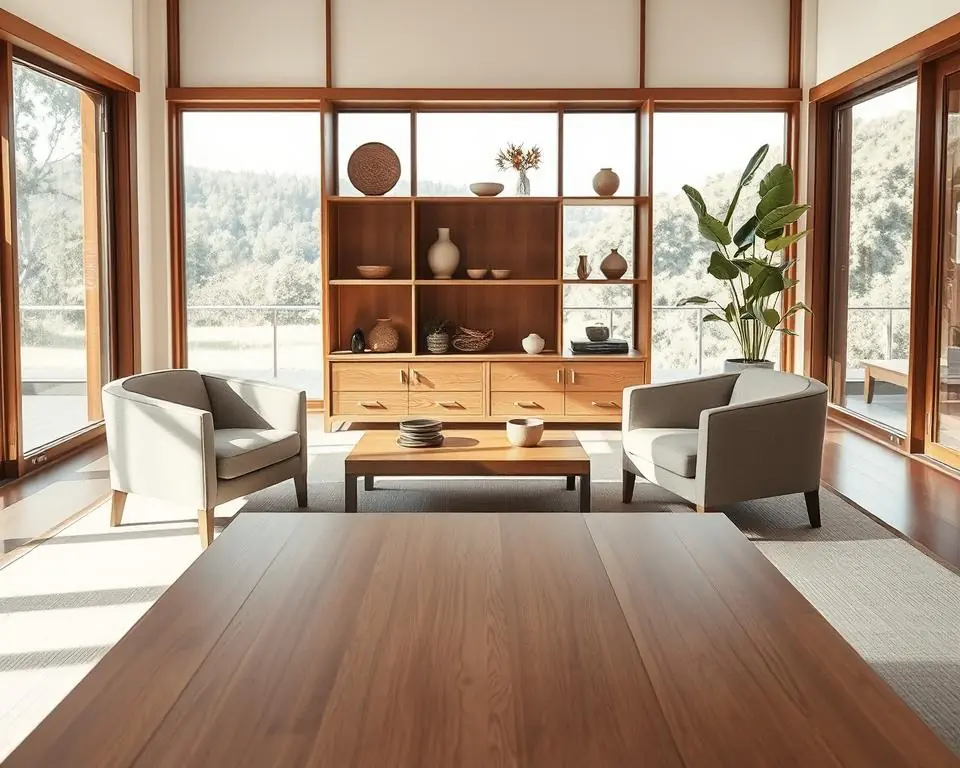 Mobiliário Japandi e acessórios de decoração no design de interiores minimalista
